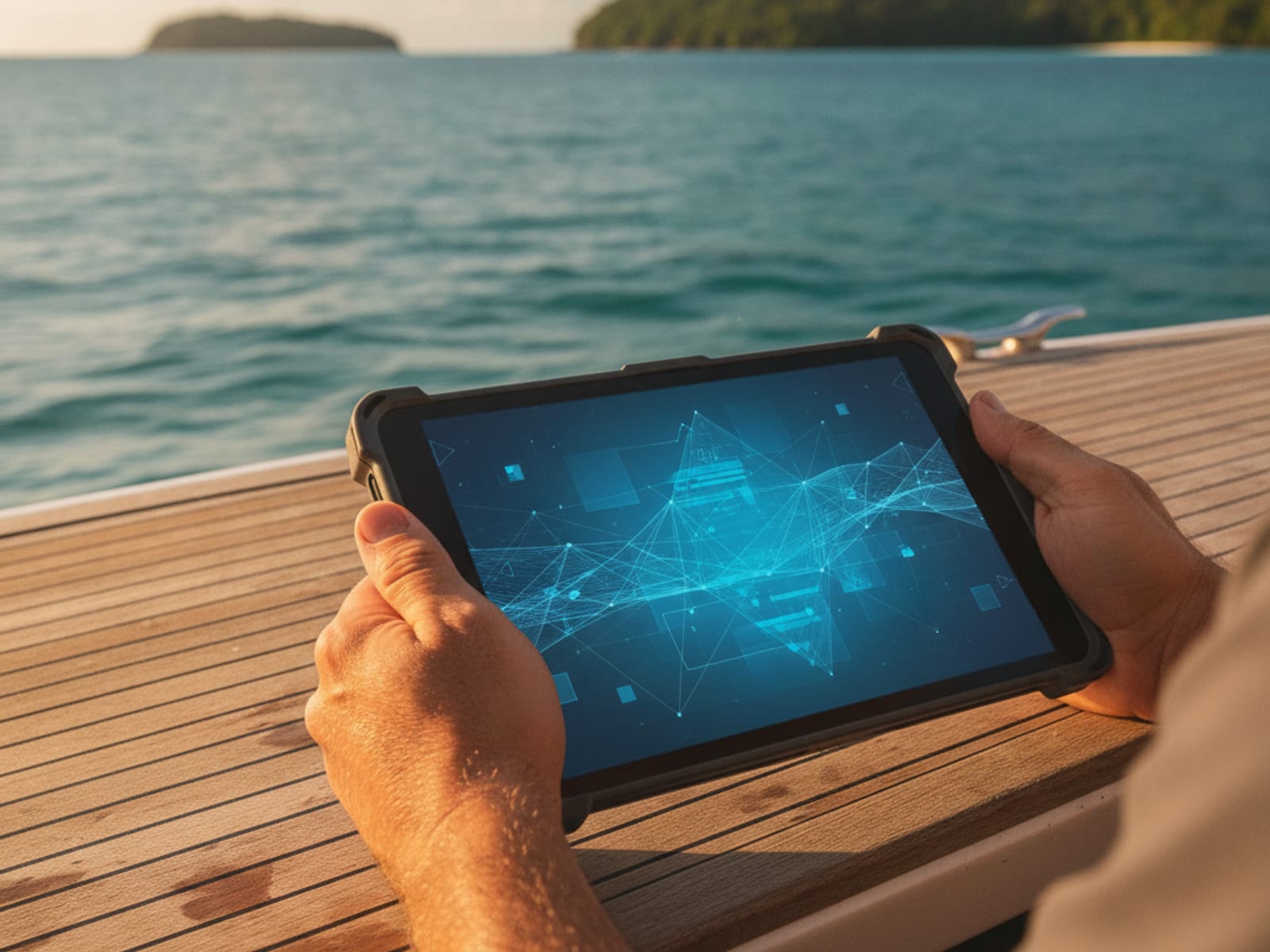 Operator using a rugged tablet app on a boat deck in Far North Queensland